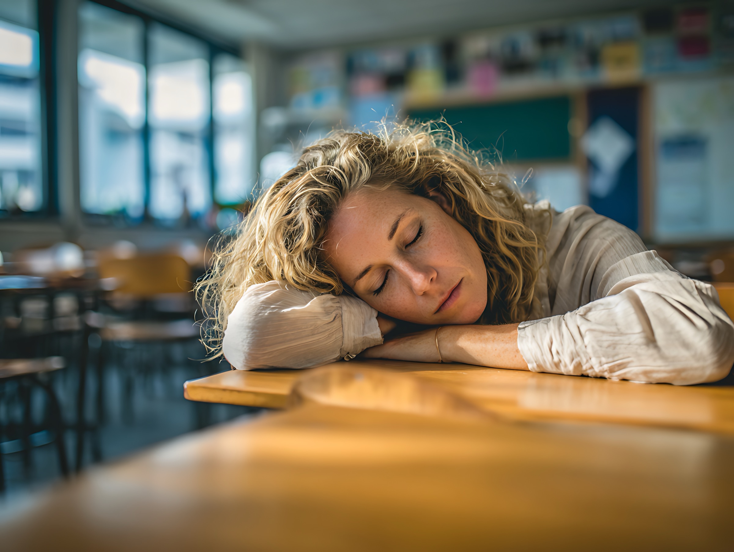 Erschöpfter verbeamteter Lehrer am Pult – dienstunfähig als Lehrer und die Versorgungslücke absichern